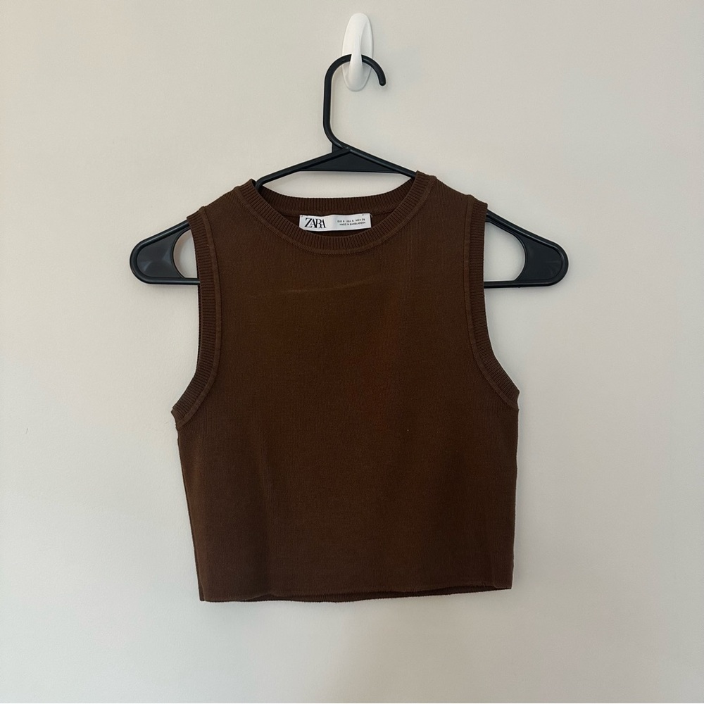 Zara Brown Knit Cropped Tank Top, Size Small